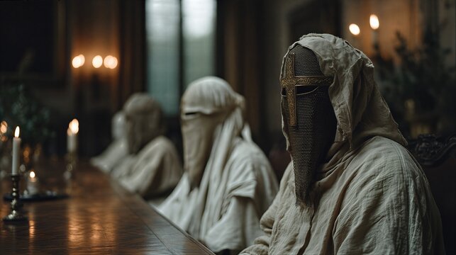 Cloaked knights with metal cross masks sitting at candlelit wooden table. Mysterious medieval gathering in dimly lit stone hall. Fantasy brotherhood and conspiracy concept for historical stories and