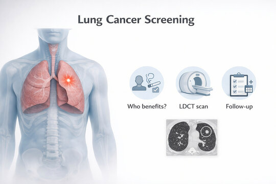 Photorealistic clinical scene: patient undergoing low-dose CT lung screening in a modern CT suite, patient on CT table, radiographer nearby