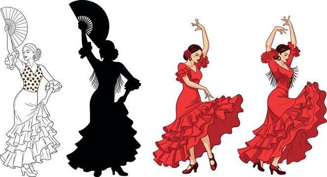 Flamenco dancers vector set with fan silhouette line art and red dress Spanish dance performance illustration collection