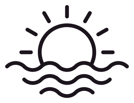 Minimalist black vector icon illustration of a sun rising or setting over ocean waves, featuring clean lines and a simple silhouette design for travel, summer, or nature-themed projects.