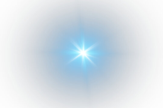 Bright lens flare. Blue glow effect. Starry flares with shimmering highlights. Bright blue light effect.