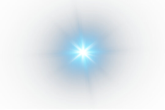 Bright lens flare. Blue glow effect. Starry flares with shimmering highlights. Bright blue light effect.