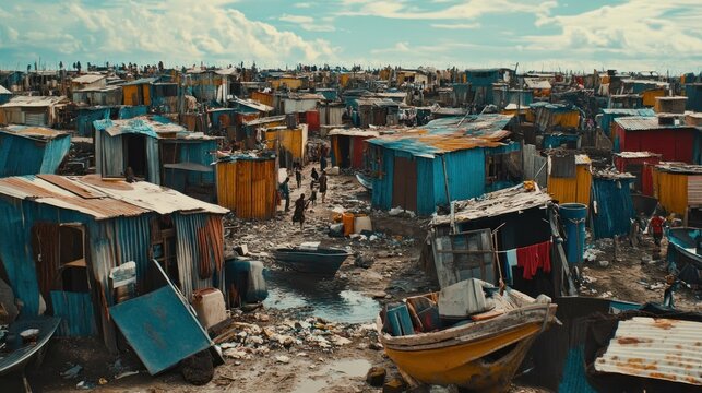 Slum settlement with makeshift dwellings people walking