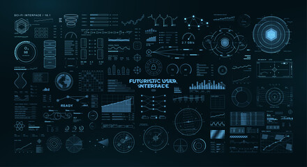 Futuristic Sci-fi HUD elements pack. Collection futuristic user elements - circle devices, hi-tech gadgets, charts, frames, schemes, cyberpunk indicators, graphs. Sci-fi HUD elements, UI, UX. Vector  © 24 std
