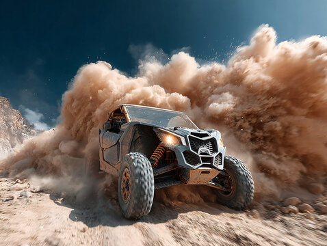 A rugged tan off-road UTV races through a desert track, kicking up a massive cloud of sand and dust under a clear deep blue sky.