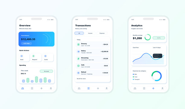 Personal Finance Mobile App UI Screens with Analytics. Clean personal finance mobile app interface showing overview, transactions, and analytics screens with balance cards, spending insights. Vector