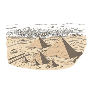 Giza Pyramid Complex and Cairo Cityscape Vector Illustration