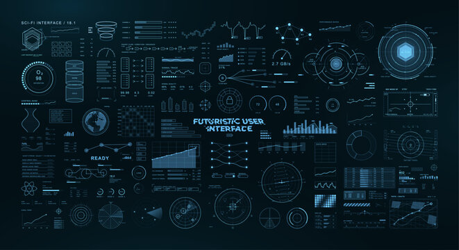 Futuristic Sci-fi HUD elements pack. Collection futuristic user elements - circle devices, hi-tech gadgets, charts, frames, schemes, cyberpunk indicators, graphs. Sci-fi HUD elements, UI, UX. Vector 