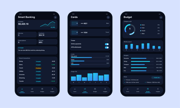 Online Banking Mobile App - UI Screens in Dark Style. Smart mobile banking app interface with account overview, card controls, budgeting tools, spending charts. UI, UX wallet mockup. Vector set