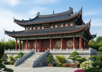 Obraz premium A traditional chinese temple architecture featuring intricate roof designs and vibrant red pillars