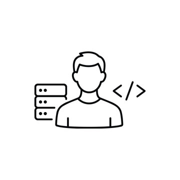Black and white programmer profession icon with developer and server line art programmer profession illustration