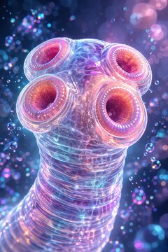 Taenia saginata scolex with four suckers and smooth apical region, detailed tapeworm head anatomy without hooks, parasitic organism, generative ai illustration