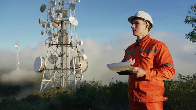 Telecom engineer with blueprint inspects communication towers for signal transmission, internet speed upgrades, and future 5G/6G infrastructure.