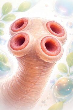 Taenia saginata scolex with four suckers and smooth apical region, detailed tapeworm head anatomy without hooks, parasitic organism, generative ai illustration