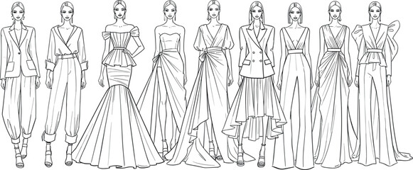 Obraz premium Elegant fashion runway models vector set with women in stylish dresses suits and couture outfits line art illustration collection