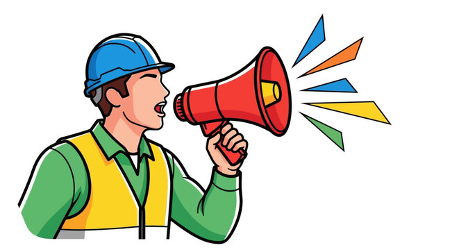 Man wearing hard hat holding megaphone.