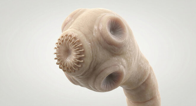 Taenia solium scolex with rostellum and hook crown, detailed tapeworm head anatomy with suckers, parasitic structure in close view, generative ai illustration