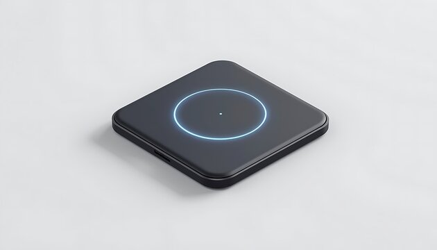 A sleek black wireless charging pad with a blue light on a white surface