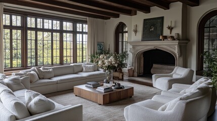 Naklejka premium Elegant living room interior with fireplace