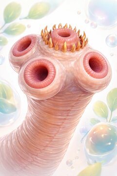 Taenia solium scolex with rostellum and hook crown, detailed tapeworm head anatomy with suckers, parasitic structure in close view, generative ai illustration