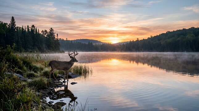 A buck with large antlers stands on the shore of a serene lake at sunrise or sunset surrounded by trees and reflecting vibrant colors in the calm water
