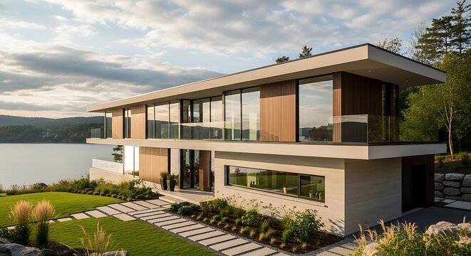 Modern lakeside house with large windows