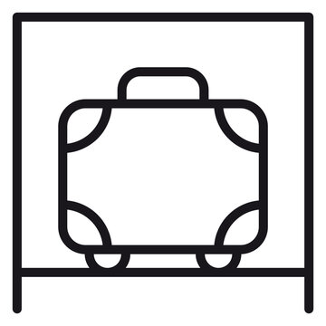 Minimalist black line art vector icon of a suitcase or luggage stored inside a square locker or storage compartment, travel baggage storage symbol, baggage claim illustration, locker service icon.