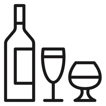 Minimalist black line art vector icon illustration of a wine bottle with two different glasses, including a wine glass and a snifter, isolated on a white background for bar or drink menu design.