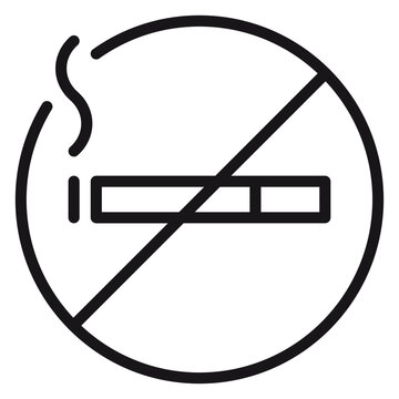 No smoking sign vector icon, black minimalist silhouette of a cigarette with smoke inside a prohibition circle with a diagonal slash, symbol for smoke-free zones, health and safety regulations.