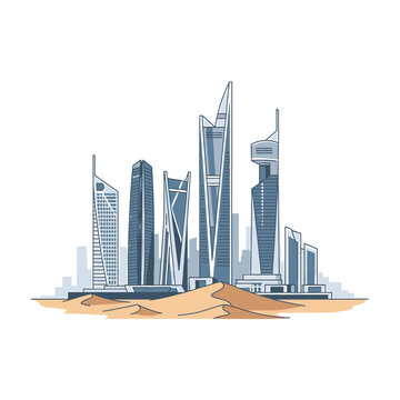 Modern Riyadh Skyline Illustration with Desert Sand Dunes