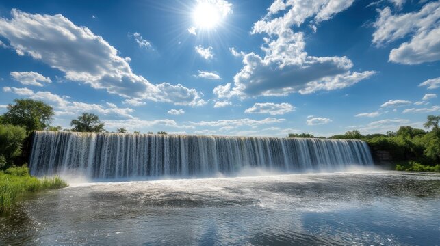Scenic waterfall landscape under blue sky