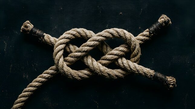 A tightly woven rope knot laid out on a dark surface with two loose ends