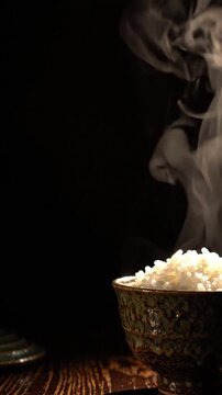 Deep dark background with single rice bowl softly lit on right with strong contrast shadow