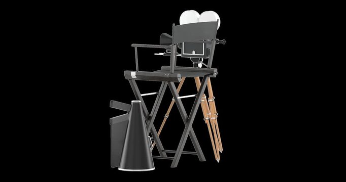 Movie camera with film reel, chair, megaphone and clapperboard, rotation animation seamlessly loopable. 3D rendering isolated on transparent background