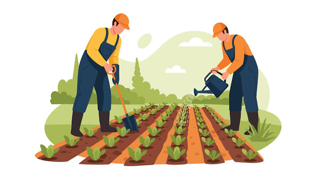 Farmers tending crops in a field, irrigation and cultivation.