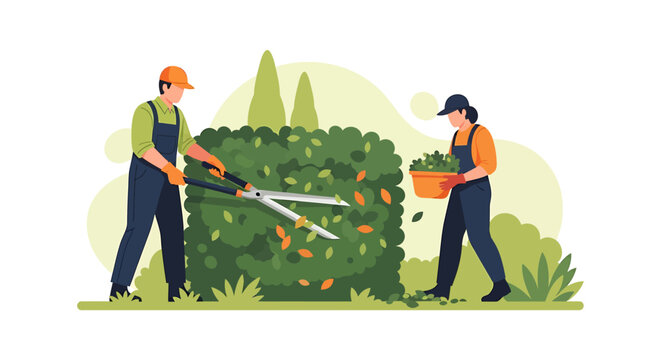 Gardeners Trimming a Bush with Shears and Collecting Clippings.