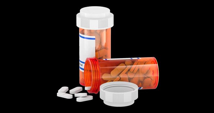 Prescription pill bottles, rotation animation seamlessly loopable. 3D rendering isolated on transparent background