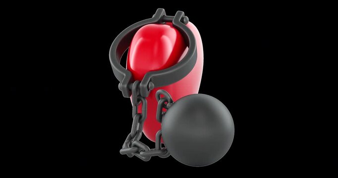 Red heart with shackles and iron ball, rotation animation seamlessly loopable. 3D rendering isolated on transparent background
