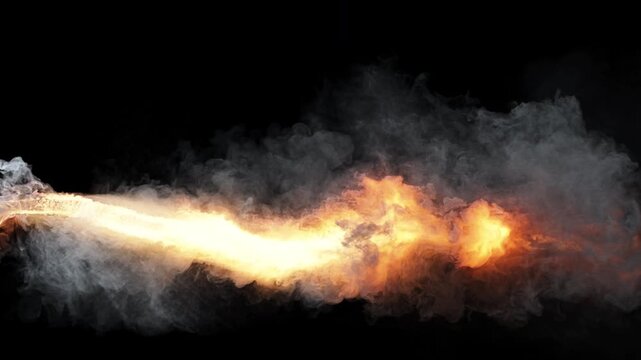 Flamethrower fire jet on black background. Intense fire stream with thick smoke. Realistic fire jet and flame blast with heavy smoke trail on black background