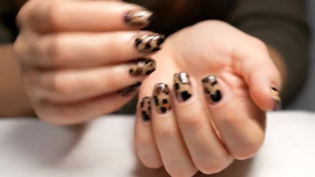 Close-up view of hands showcasing a leopard print nail art design