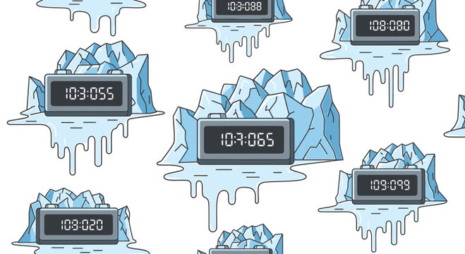 Melting Icebergs with Digital Clocks Vector Seamless Pattern