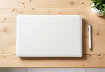 Fototapeta premium Blank white laptop case mockup, wooden background, ai generated. Empty slipcover protective bag for gadget on wood table for work, top view. Clear accessories storage notebook template.
