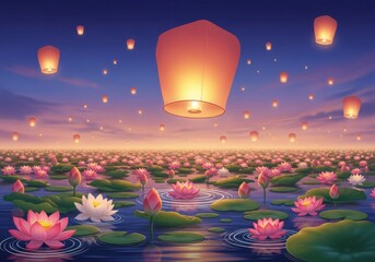 Obraz premium A serene pixel art landscape featuring glowing paper lanterns floating above a pond of lotuses