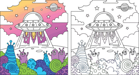 UFO Landing on an Alien Planet with Whimsical Extraterrestrial Creatures © Snehashish Pritom