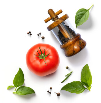 art Farm To Table Freshness Tomato Basil and Pepper Mill Still Life On White Background
