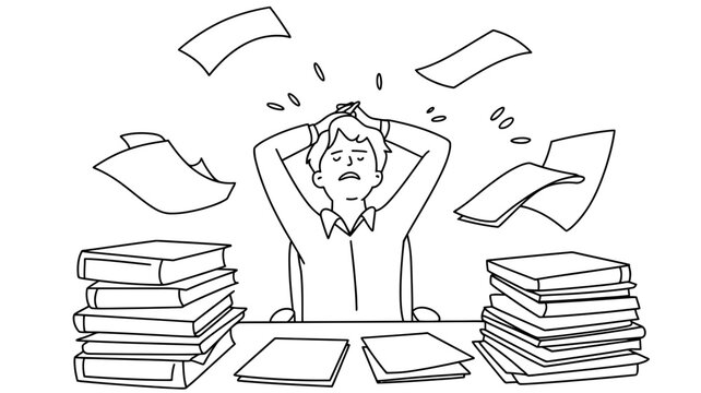 Stressed office worker buried in paperwork with documents flying in air as black and white line art sketch