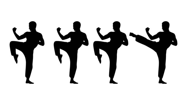 Four black silhouettes of martial arts fighter in high kick pose isolated on white background for gym decor