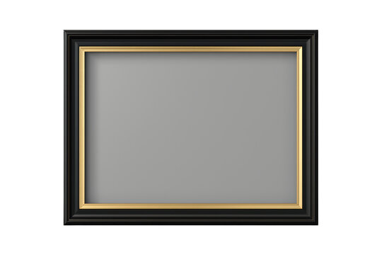 Black and gold picture frame with gray mat on a transparent background, displaying empty space for content