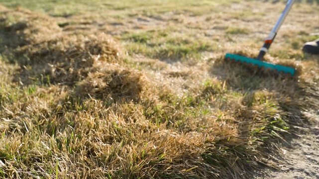 Raking lawn to remove dry dead grass after winter with garden rake slow motion