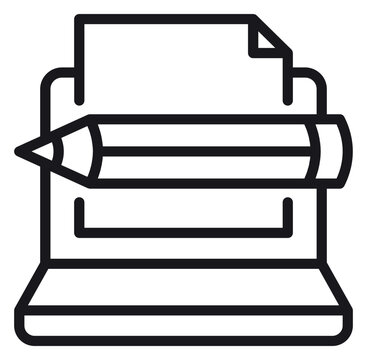Minimalist black line vector icon of a vintage typewriter with a pencil, representing creative writing, journalism, blogging, and content creation. Scalable graphic illustration for design.